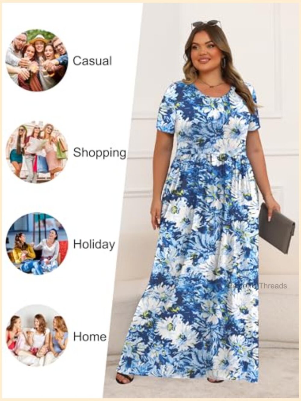 Plus Size Maxi Dress Short Sleeve with Pockets Summer Casual Long Dress - Picture 5 of 5